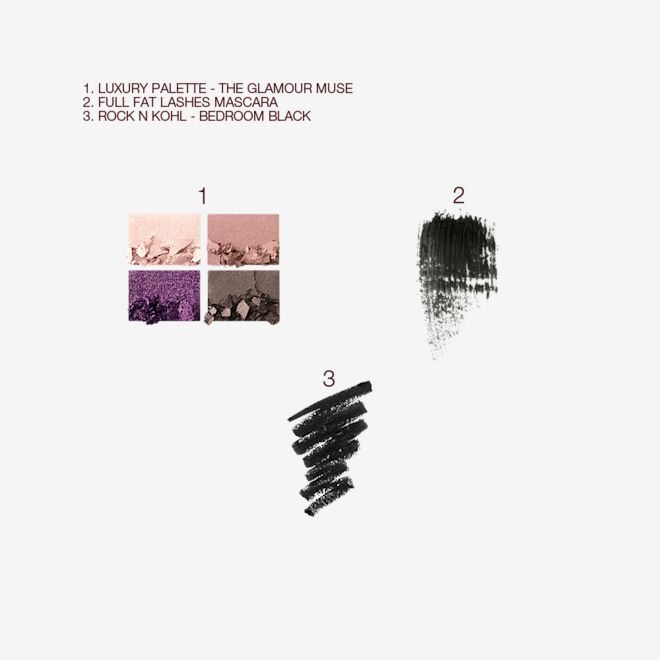 Glamour Muse Eye Kit swatches Swatches of four eyeshadows in purple, cream, fawn, and grey, black eyeliner, and black mascara.