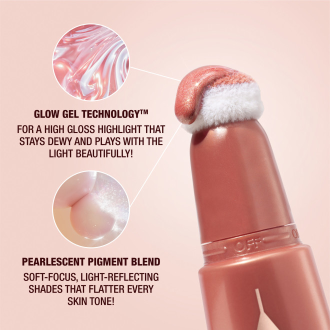 GLOW GEL TECHNOLOGY- FOR A HIGH GLOSS HIGHLIGHT THAT STAYS DEWY AND PLAYS WITH THE LIGHT BEAUTIFULLY! & PEARLESCENT PIGMENT BLEND -  SOFT-FOCUS, LIGHT-REFLECTING SHADES THAT FLATTER EVERY SKIN TONE!