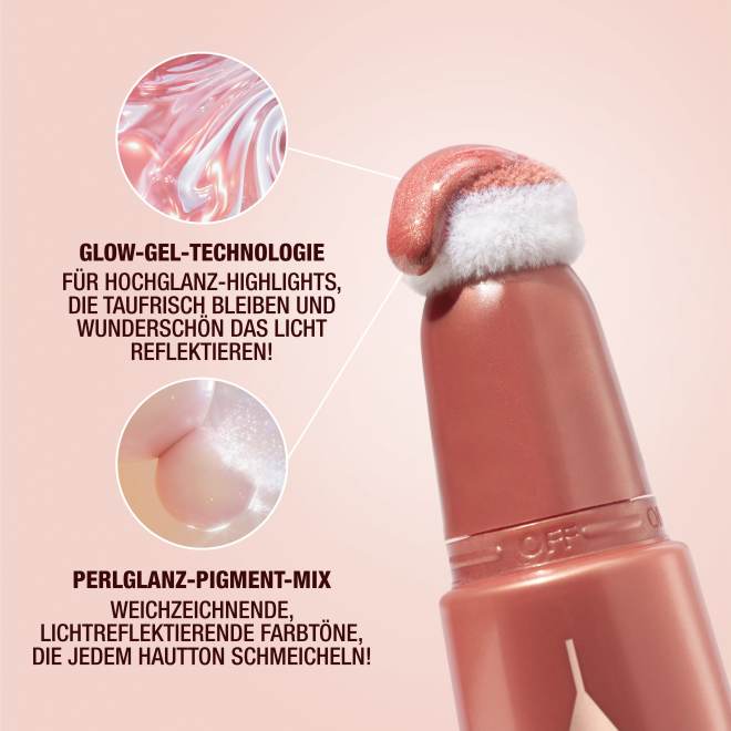 GLOW GEL TECHNOLOGY- FOR A HIGH GLOSS HIGHLIGHT THAT STAYS DEWY AND PLAYS WITH THE LIGHT BEAUTIFULLY! & PEARLESCENT PIGMENT BLEND -  SOFT-FOCUS, LIGHT-REFLECTING SHADES THAT FLATTER EVERY SKIN TONE!