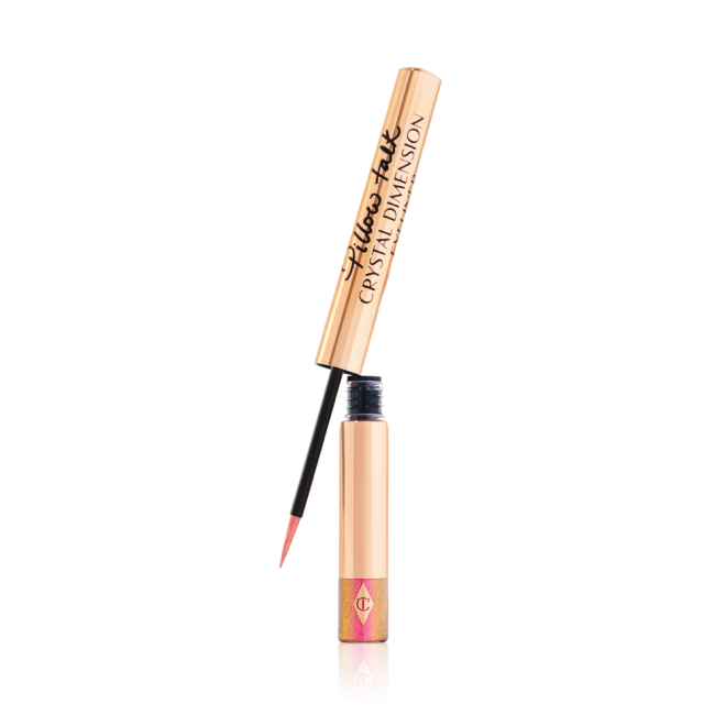 Glittery vivid, rose pink eyeliner in a gold-coloured tube with a black and gold-coloured, thin eyeliner wand. 