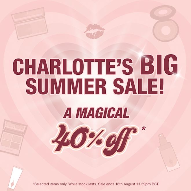 Charlotte's Summer Sale banner Pink colour banner with hearts in the background and text on the front that reads, 'Charlotte's BIG Summer Sale! A magical 40% off!'