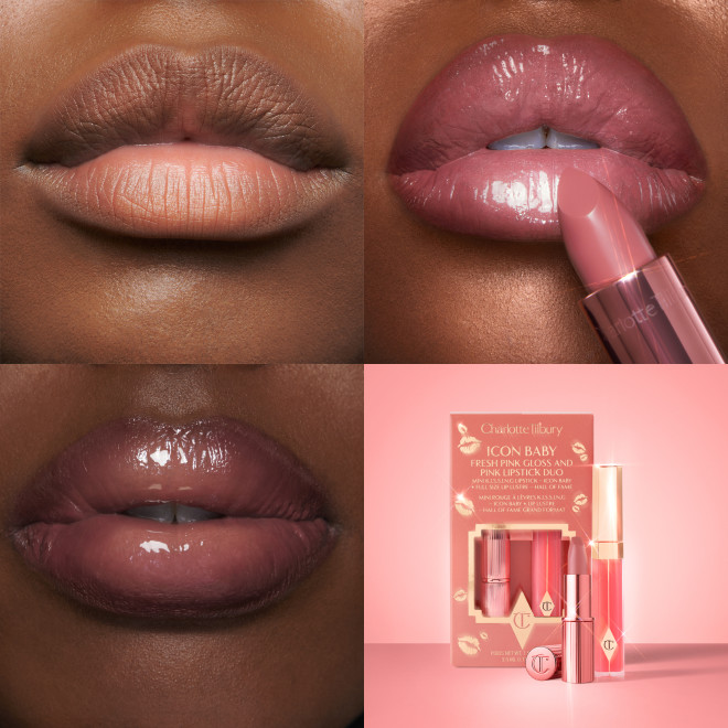 Lip Gloss & Mini Lipstick Kit in Icon Baby on deep skin tone model