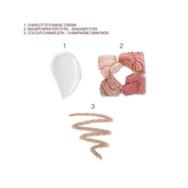 Luxury Makeup Box swatches Swatch of a thick, pearly-white face cream, four eyeshadows in ivory-cream, rose-gold, red-brown, and clear sparkle, and eyeshadow in dark champagne.