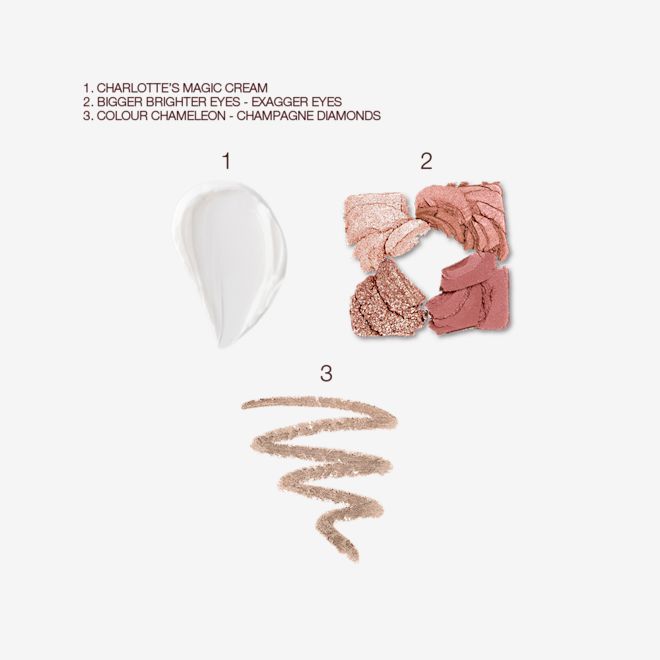 Luxury Makeup Box swatches Swatch of a thick, pearly-white face cream, four eyeshadows in ivory-cream, rose-gold, red-brown, and clear sparkle, and eyeshadow in dark champagne.