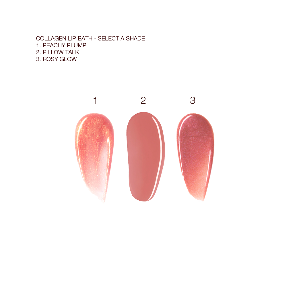 Swatches of three high-shine lip glosses in pinkish peach, nude pink, and nude pink with golden undertones. 