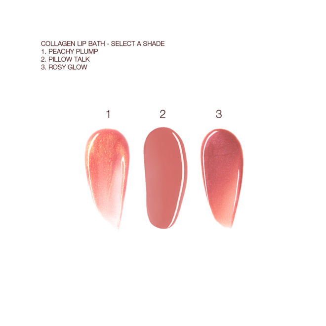 Collagen Lip Bath swatches Swatches of three high-shine lip glosses in pinkish peach, nude pink, and nude pink with golden undertones.