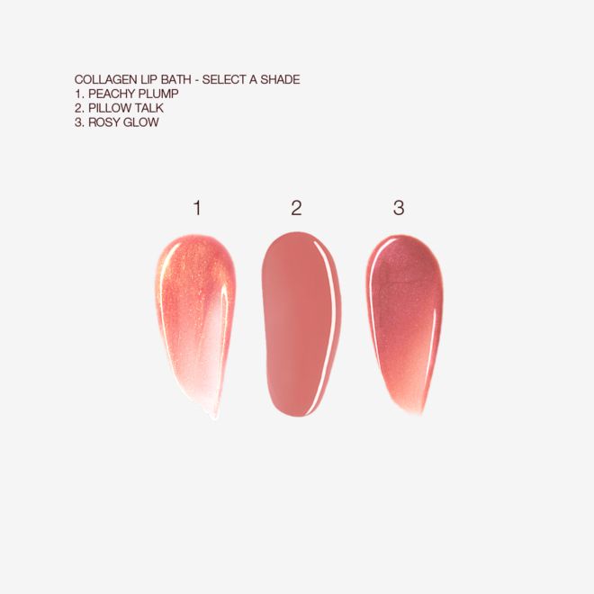 Collagen Lip Bath swatches Swatches of three high-shine lip glosses in pinkish peach, nude pink, and nude pink with golden undertones.