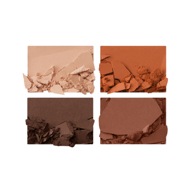 Swatches of four matte and shimmery eye shadows in shades of brown and champagne.