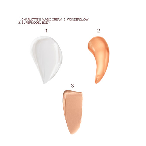 Swatches of a pearly-white face cream, liquid highlighter in a copper shade, and body highlighter in a dark beige shade. 