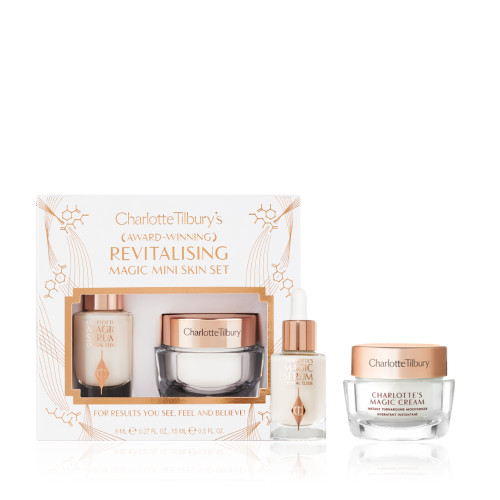 Travel-size ivory-coloured luminous serum in a glass bottle and travel-size pearly-white face cream in a glass jar with a gold-coloured lid.