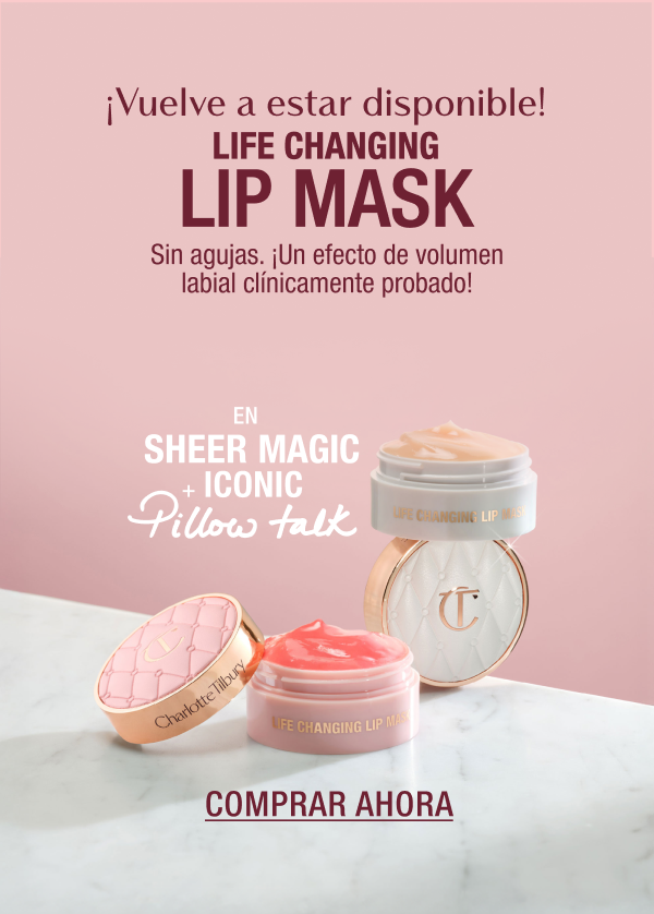 ¡VUELVE A ESTAR DISPONIBLE!  LIFE CHANGING LIP MASK Sin agujas. ¡Un efecto de volumen labial clínicamente probado! DISPONIBLE EN LOS TONOS ICONIC PILLOW TALK Y SHEER MAGIC