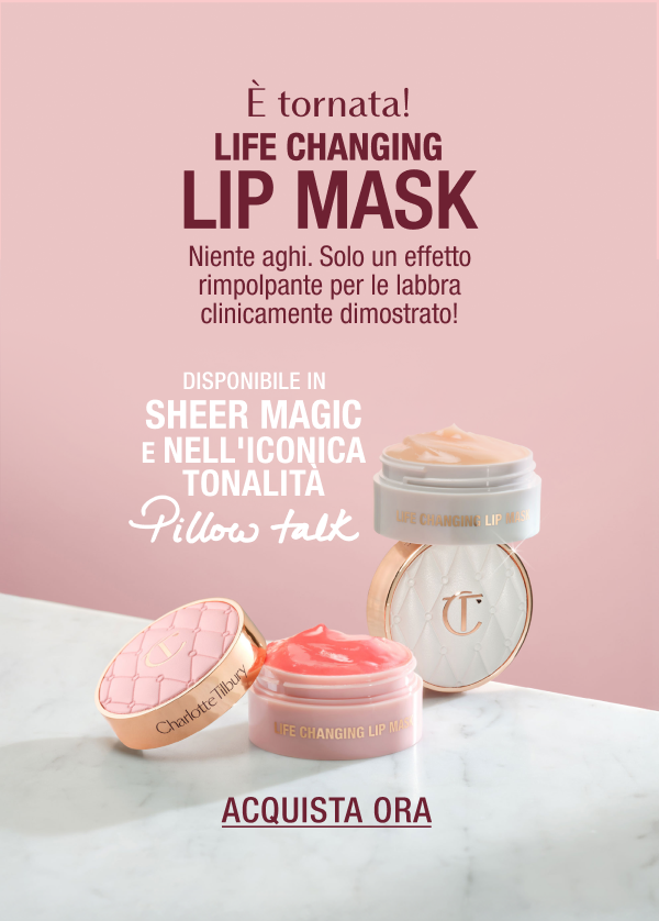 È TORNATA!  LIFE CHANGING LIP MASK Niente aghi. Solo un effetto rimpolpante per le labbra clinicamente dimostrato! DISPONIBILE IN PILLOW TALK E SHEER MAGIC