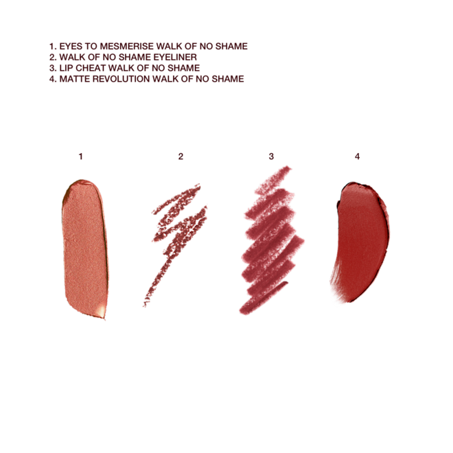 Walk of No Shame On the Go kit swatches Swatches of a lip liner pencil in a berry-pink shade, russet-gold cream eyeshadow, eyeliner pencil in a coppery russet shade, and lipstick in a berry-pink shade.