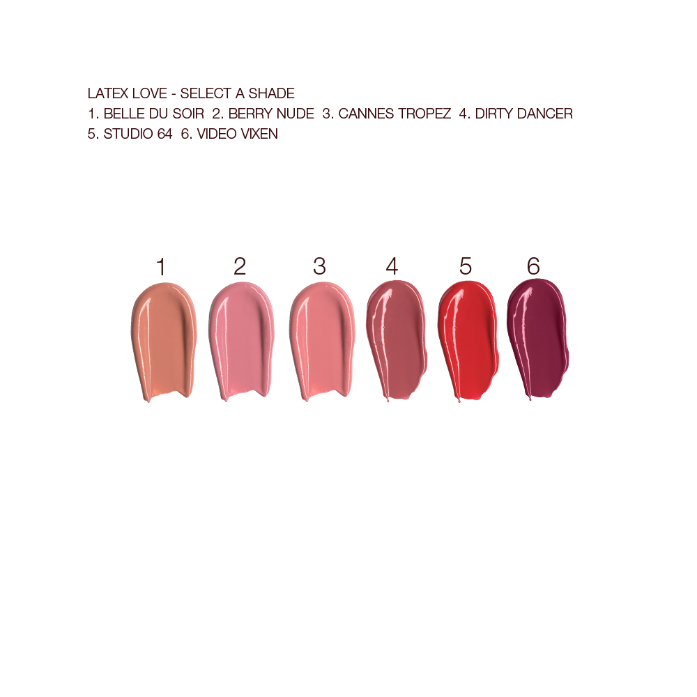 Swatches of six liquid lipsticks in shades of nude pinky-brown, dusky pink, nude pink, berry-pink, statement red, and eggplant. 