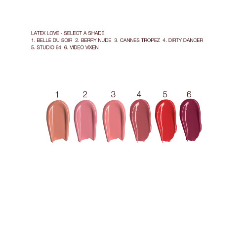 Swatches of six liquid lipsticks in shades of nude pinky-brown, dusky pink, nude pink, berry-pink, statement red, and eggplant. 