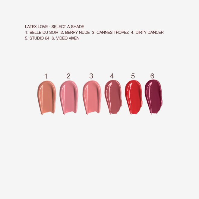 Latex Love swatches Swatches of six liquid lipsticks in shades of nude pinky-brown, dusky pink, nude pink, berry-pink, statement red, and eggplant.