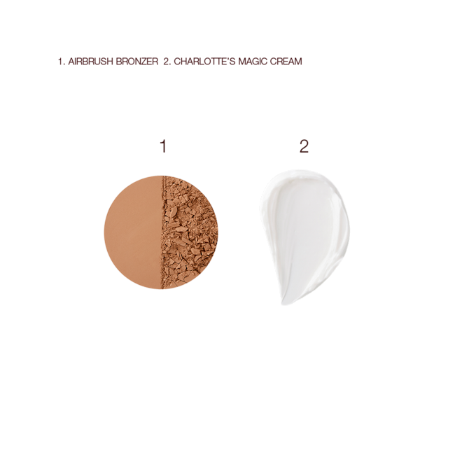 Magic Cream and Airbrush Bronzer swatches Swatches of a powder bronzer in a medium-brown shade and a thick, pearly-white face cream.