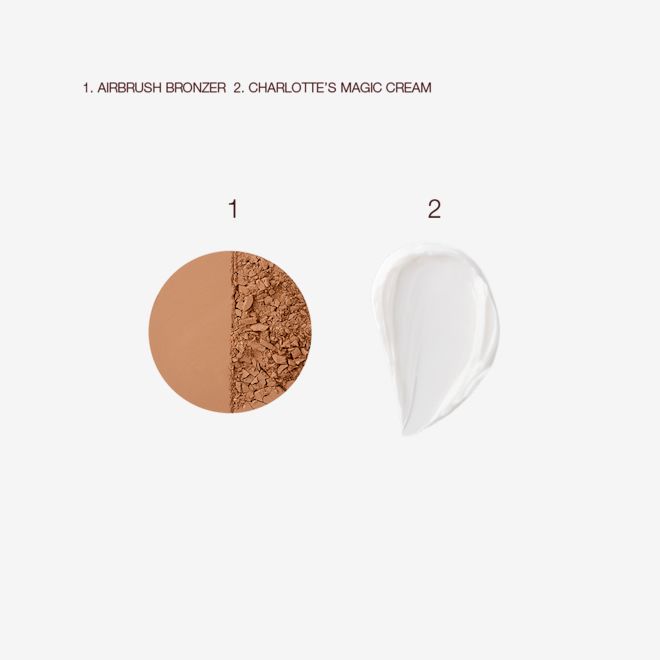 Magic Cream and Airbrush Bronzer swatches Swatches of a powder bronzer in a medium-brown shade and a thick, pearly-white face cream.