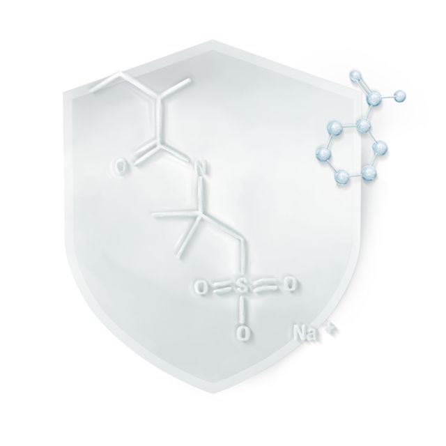 An illustration of a silver-coloured shield with smoothing polymers inside it and the sun above it. 