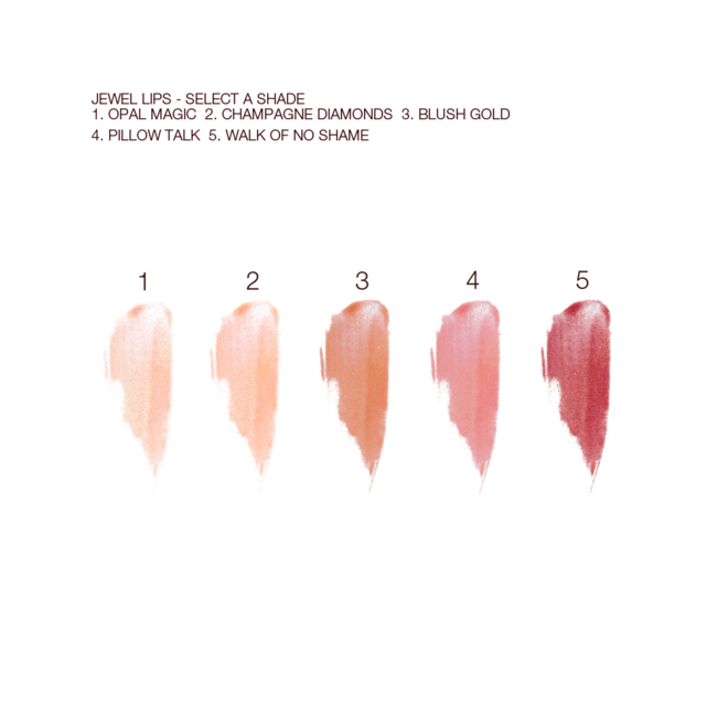Jewel Lips collection swatches Swatches of five shimmery lip glosses in shades of peach, brown, pink, and red.