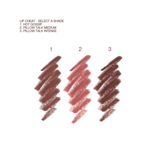 Swatches of three lip liner pencils in shades of nude pink, medium pink, and tawny brown.