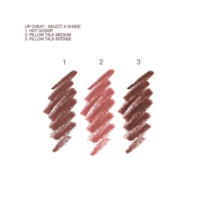 Swatches of three lip liner pencils in shades of nude pink, medium pink, and tawny brown.