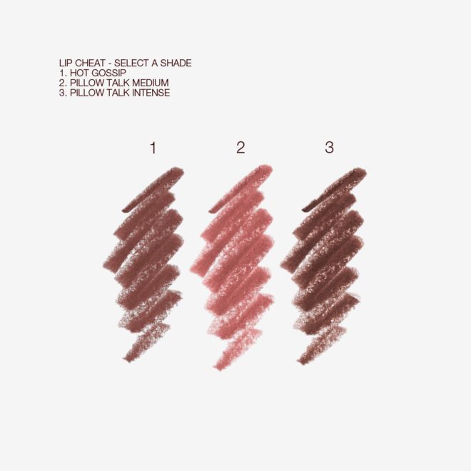 Pillow Talk Lip Cheat shades swatches Swatches of three lip liner pencils in shades of nude pink, medium pink, and tawny brown.