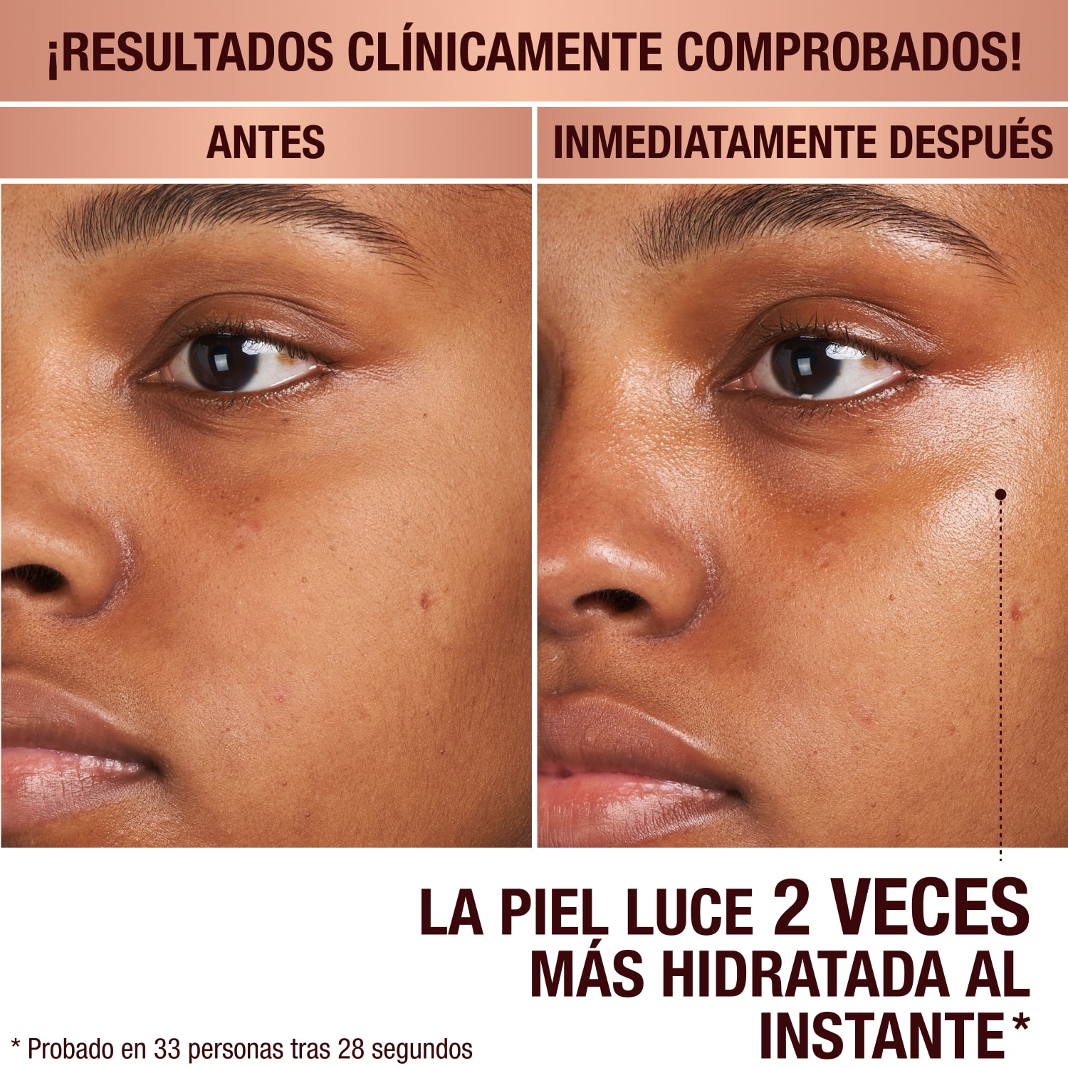 Antes y después de aplicar el limpiador revitalizante Charlotte's Magic Hydration Revival Cleanser