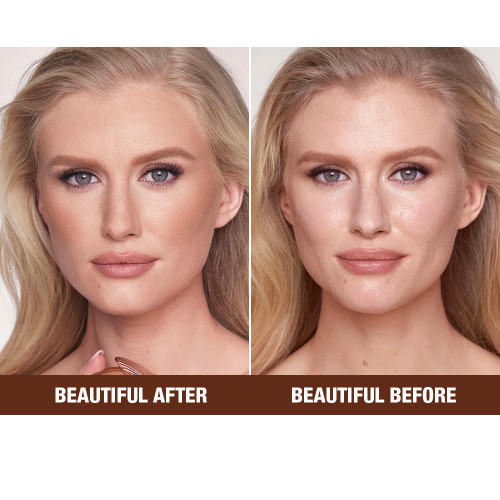 Before and after of a fair-tone model wearing soft nude pink makeup in both shots but wearing a mattifying and glowy bronzer in the after shot that removes shine, oil, and adds glow. 