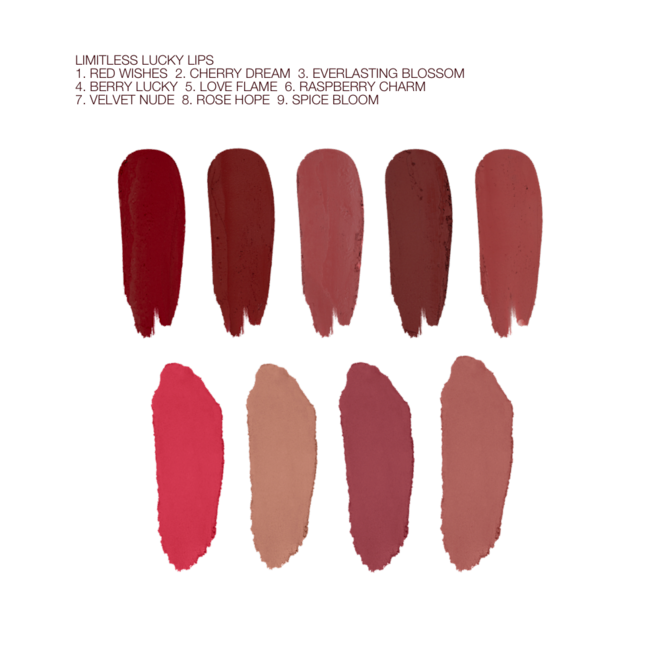 Limited Lucky Lips swatches Swatches of nine, highly-pigmented matte lipsticks in shades of bright red, dark red, nude red, brown-red, redwood, nude beige, pinkish-brown, and berry brown.