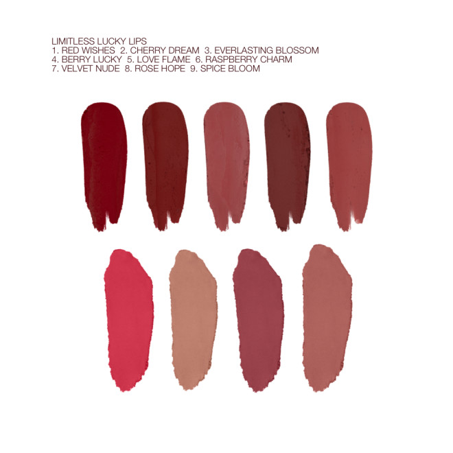 Swatches of nine, highly-pigmented matte lipsticks in shades of bright red, dark red, nude red, brown-red, redwood, nude beige, pinkish-brown, and berry brown. 