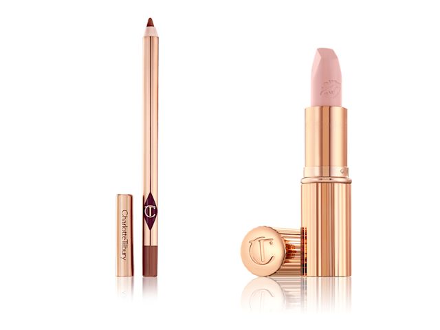 An open lip liner pencil in a reddish-brown shade with an open matte lipstick in a sheer peach shade. 