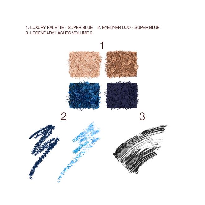 Swatches of four, crushed eyeshadows in shades of blue and golden, two eyeliners in royal blue and sky blue, and black mascara. 