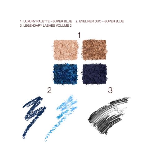 Swatches of four, crushed eyeshadows in shades of blue and golden, two eyeliners in royal blue and sky blue, and black mascara. 