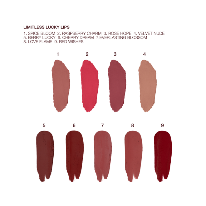 Swatches of nine, highly-pigmented matte lipsticks in shades of bright red, dark red, nude red, brown-red, redwood, nude beige, pinkish-brown, and berry brown. 