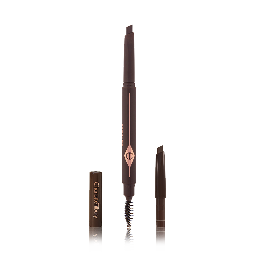 A double-ended eyebrow pencil and spoolie brush duo in a black shade with black-coloured packaging and the refill besides it.