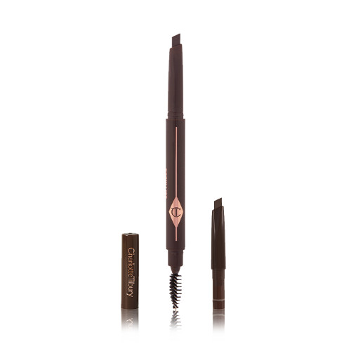 A double-ended eyebrow pencil and spoolie brush duo in a black shade with black-coloured packaging and the refill besides it.
