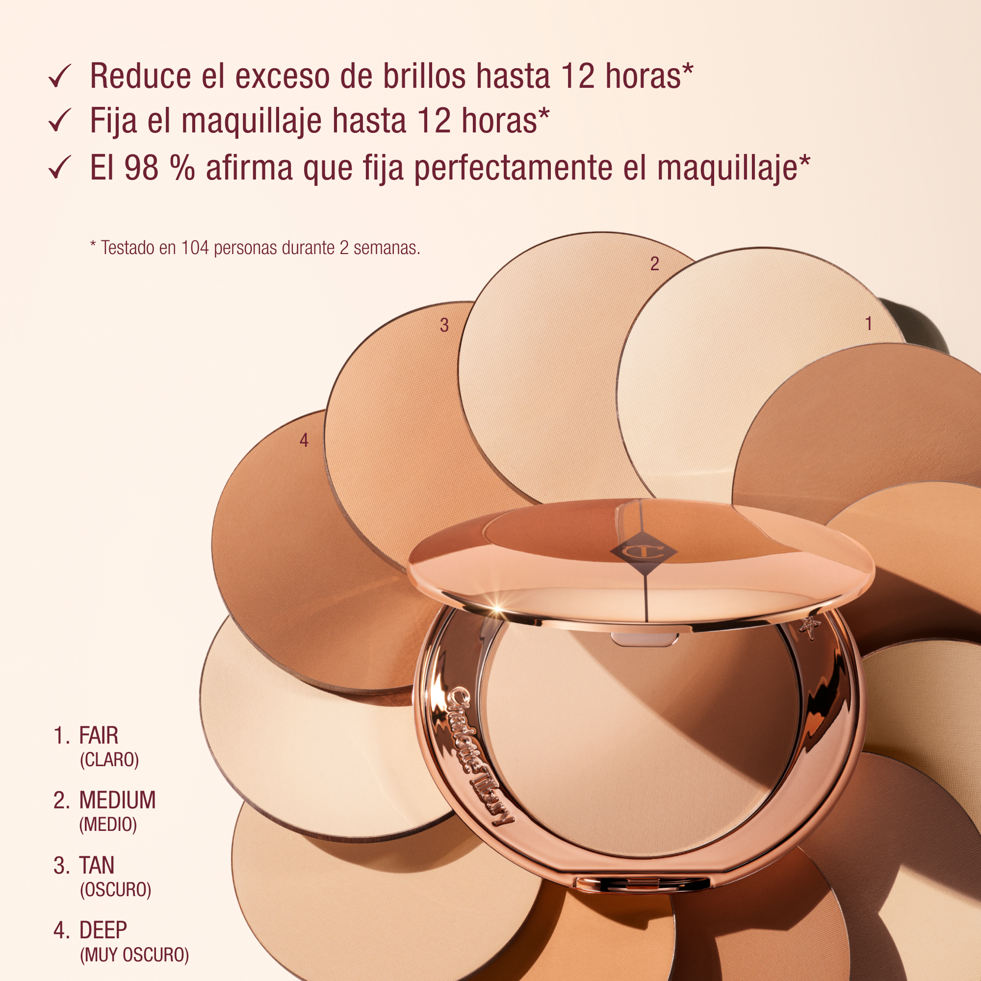 Charlotte Tilbury Airbrush Flawless Setting Powder compact in rose gold, surrounded by four powder shades—Fair, Medium, Tan, Deep—with claims of 12-hour shine reduction and makeup setting, based on a 2-week test with 104 people.