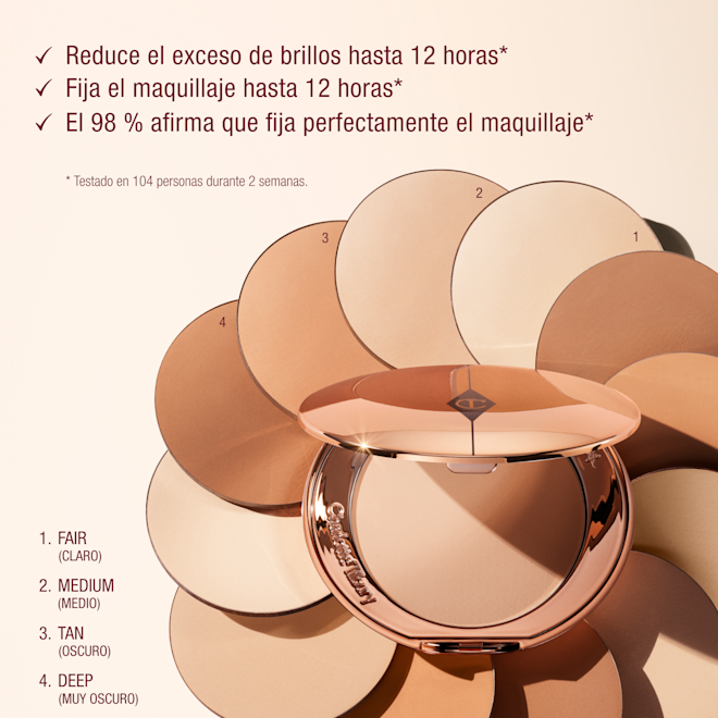 Airbrush Flawless Setting Powder Shade Range Infographic Charlotte Tilbury Airbrush Flawless Setting Powder compact in rose gold, surrounded by four powder shades—Fair, Medium, Tan, Deep—with claims of 12-hour shine reduction and makeup setting, based on a 2-week test with 104 people.