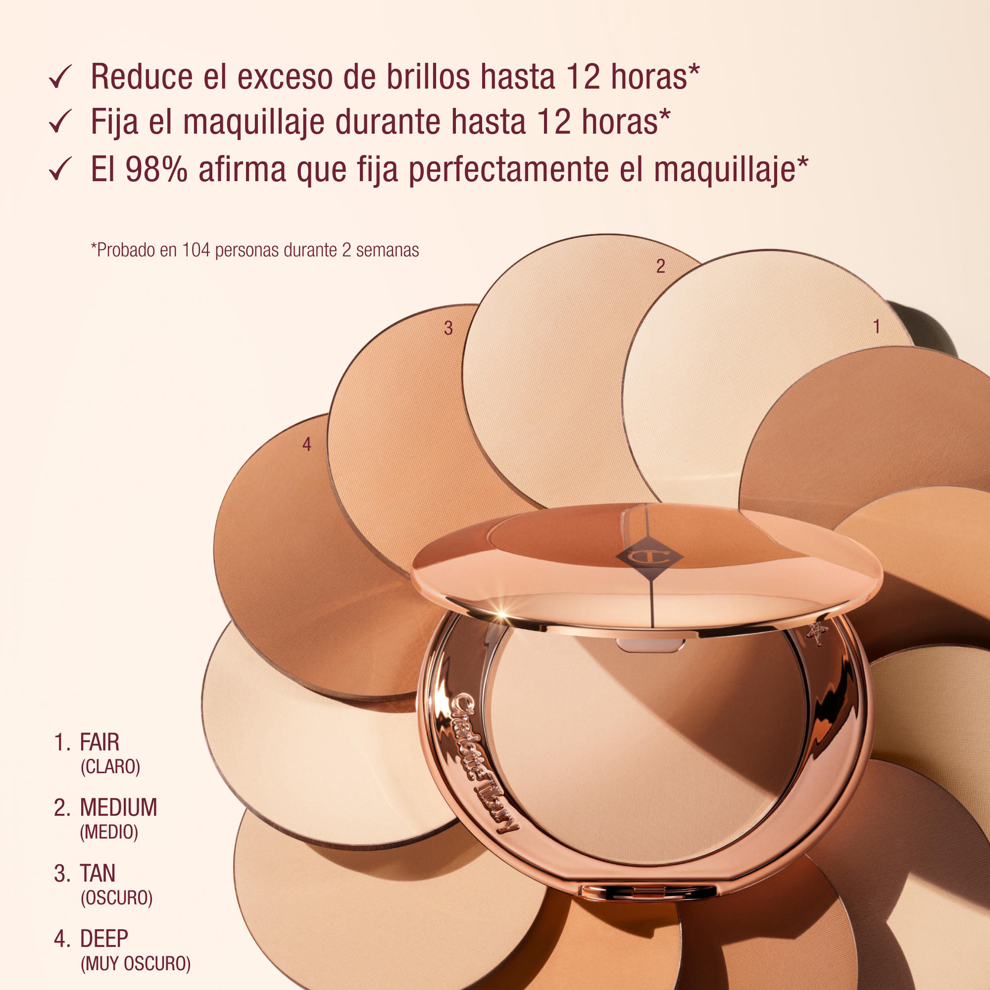 Charlotte Tilbury Airbrush Flawless Setting Powder compact in rose gold, surrounded by four powder shades—Fair, Medium, Tan, Deep—with claims of 12-hour shine reduction and makeup setting, based on a 2-week test with 104 people.
