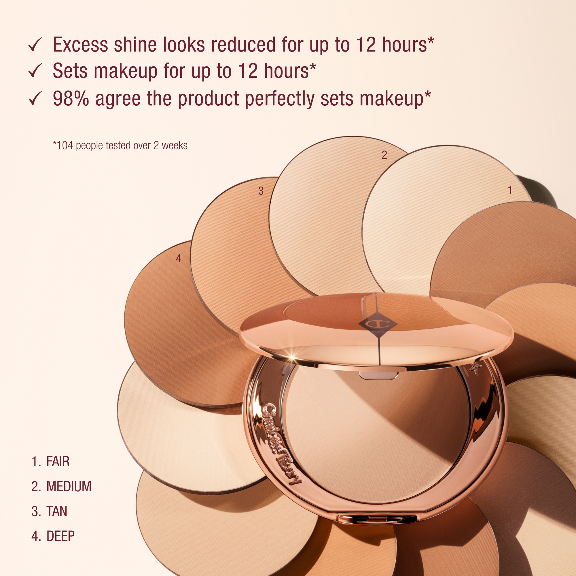 Charlotte Tilbury Airbrush Flawless Setting Powder compact in rose gold, surrounded by four powder shades—Fair, Medium, Tan, Deep—with claims of 12-hour shine reduction and makeup setting, based on a 2-week test with 104 people.