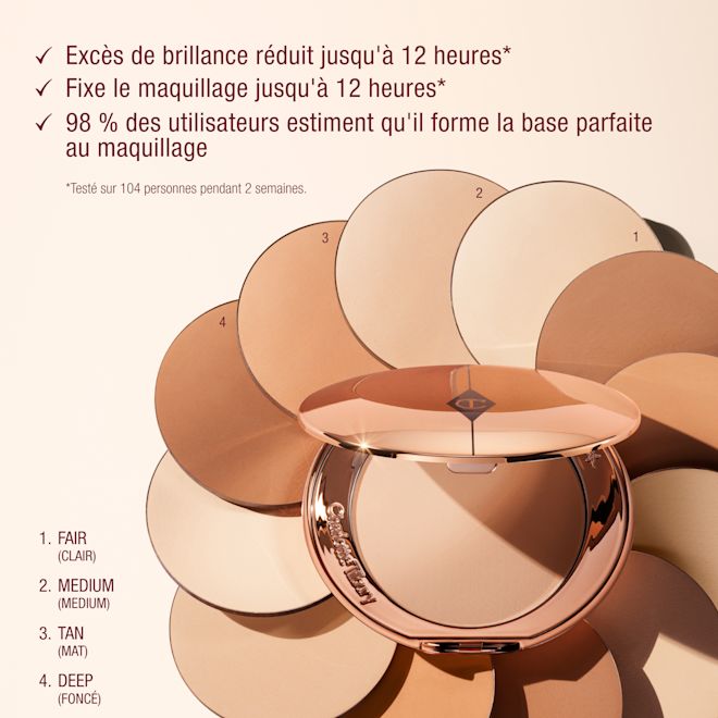 Airbrush Flawless Setting Powder Shade Range Infographic Charlotte Tilbury Airbrush Flawless Setting Powder compact in rose gold, surrounded by four powder shades—Fair, Medium, Tan, Deep—with claims of 12-hour shine reduction and makeup setting, based on a 2-week test with 104 people.