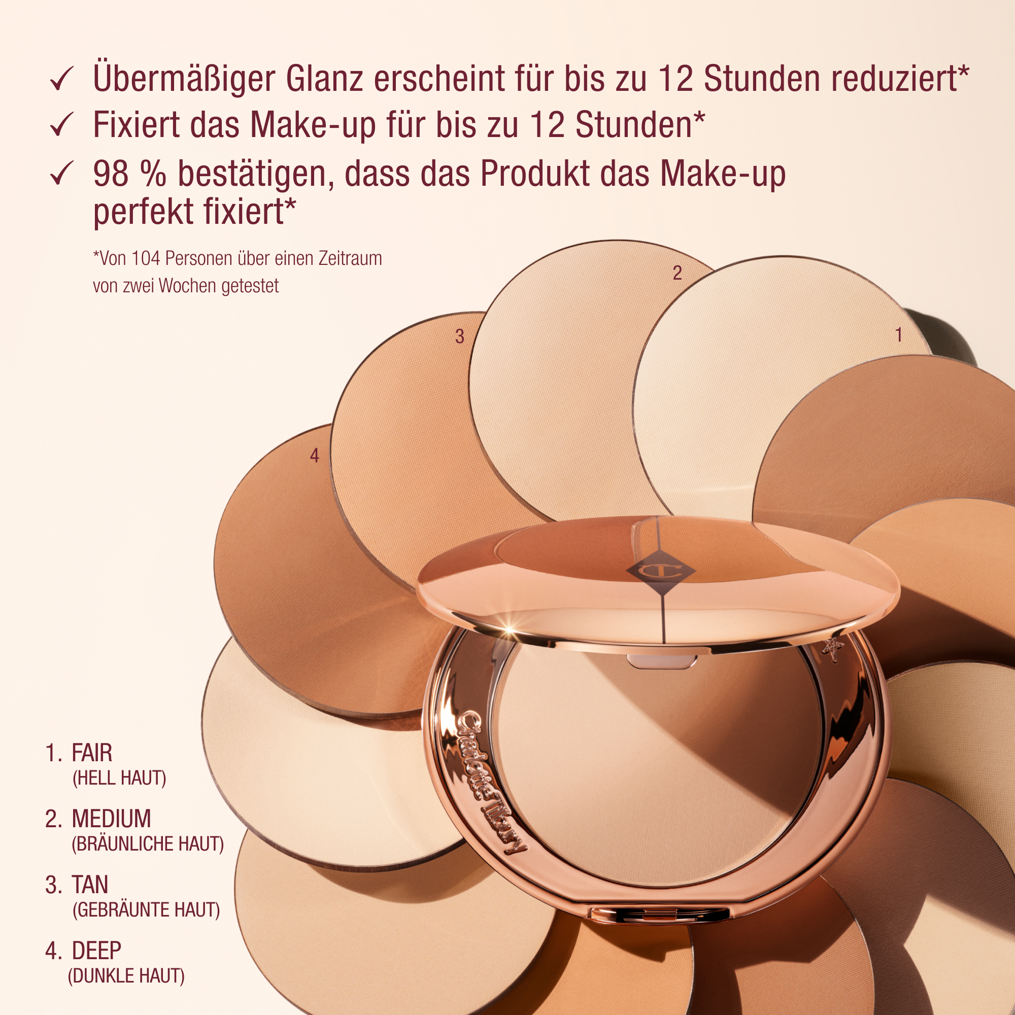 Charlotte Tilbury Airbrush Flawless Setting Powder compact in rose gold, surrounded by four powder shades—Fair, Medium, Tan, Deep—with claims of 12-hour shine reduction and makeup setting, based on a 2-week test with 104 people.