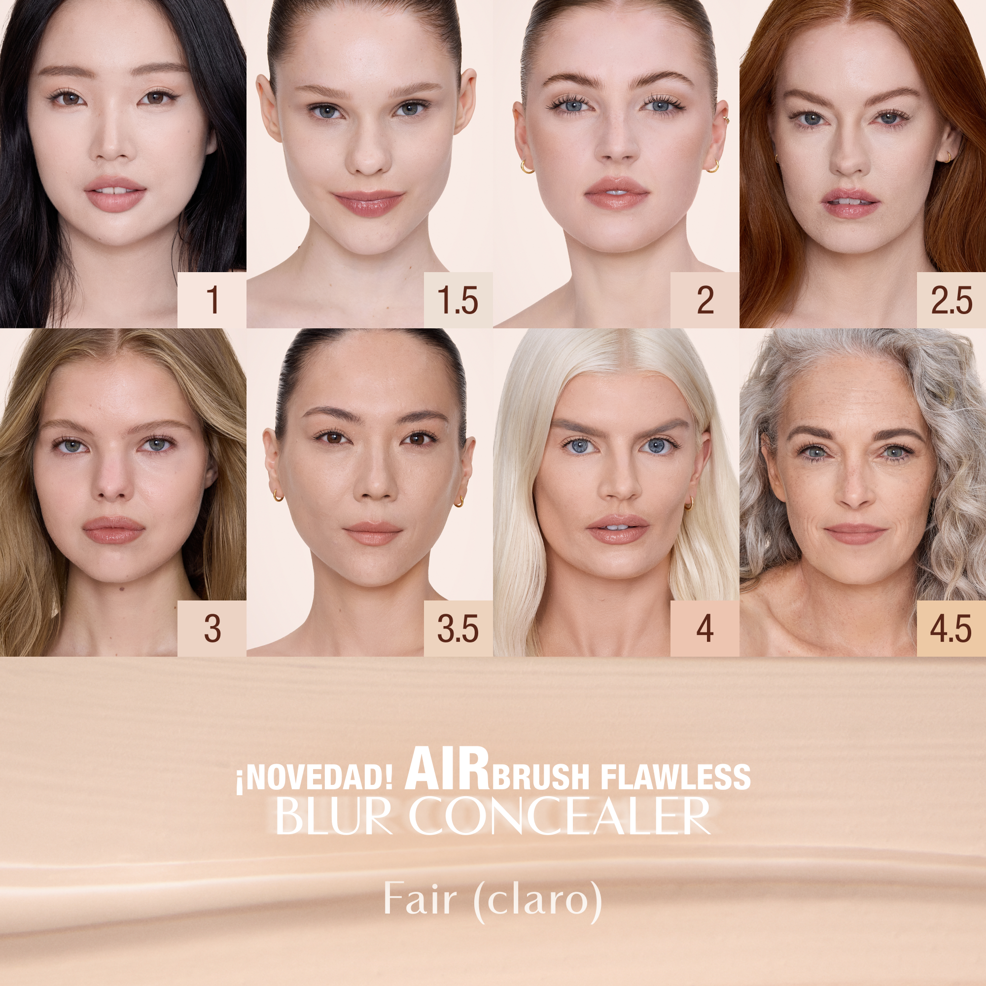 Carta de tonos de Airbrush Flawless Blur Concealer de Charlotte Tilbury para tonos claros, que muestra ocho tonos etiquetados como 1, 1.5, 2, 2.5, 3, 3.5, 4 y 4.5 con el nombre del producto y el texto de categoría «Fair».