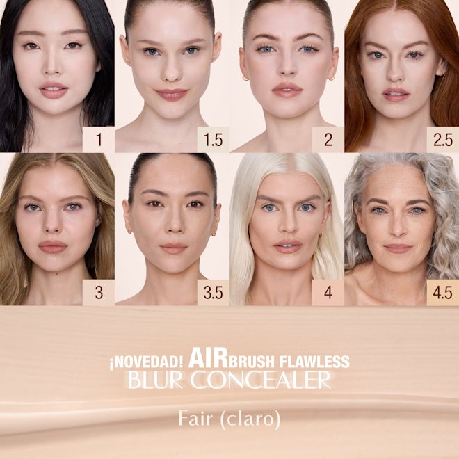 Airbrush Flawless Concealer - Familia de tonos claros Carta de tonos de Airbrush Flawless Blur Concealer de Charlotte Tilbury para tonos claros, que muestra ocho tonos etiquetados como 1, 1.5, 2, 2.5, 3, 3.5, 4 y 4.5 con el nombre del producto y el texto de categoría «Fair».