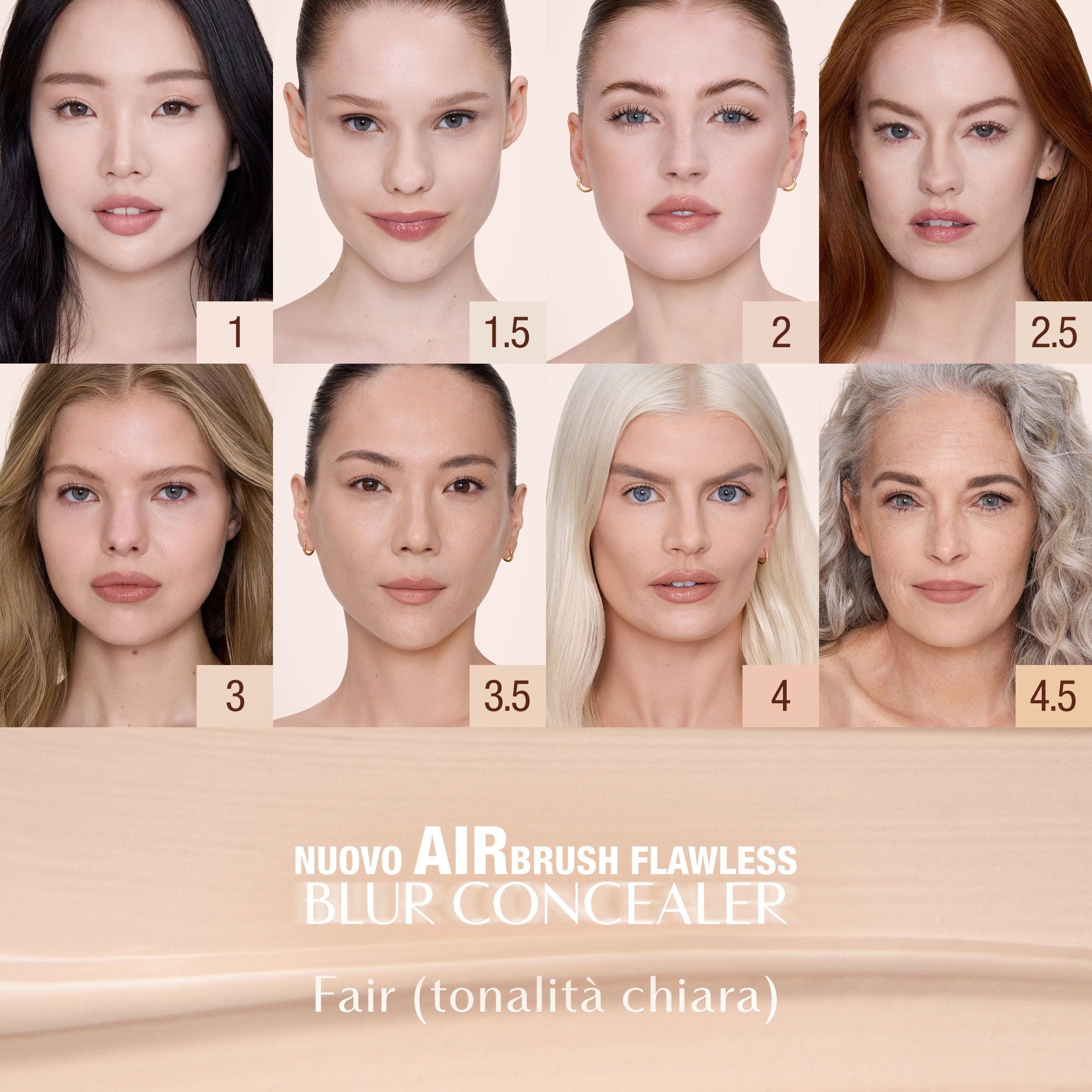 Tabella delle tonalità del correttore Charlotte Tilbury Airbrush Flawless Blur per tonalità chiare, che mostra otto tonalità etichettate 1, 1.5, 2, 2.5, 3, 3.5, 4 e 4.5 con il nome del prodotto e il testo della categoria Fair.