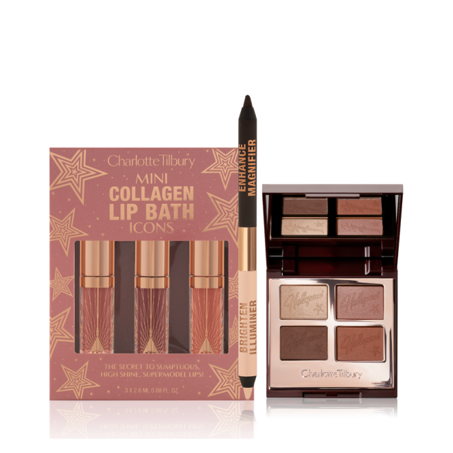 A set of three, high-shine lip glosses in a pink-coloured gift box, double-sided eyeliner pencil in black and nude beige, and an open quad, eyeshadow palette with matte and shimmery shades in brown, beige, and gold.