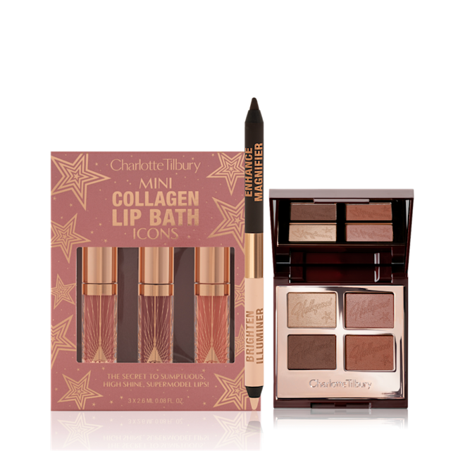 Eyes and Lips of a Star Kit A set of three, high-shine lip glosses in a pink-coloured gift box, double-sided eyeliner pencil in black and nude beige, and an open quad, eyeshadow palette with matte and shimmery shades in brown, beige, and gold.