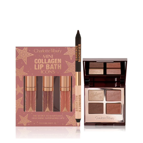 A set of three, high-shine lip glosses in a pink-coloured gift box, double-sided eyeliner pencil in black and nude beige, and an open quad, eyeshadow palette with matte and shimmery shades in brown, beige, and gold.