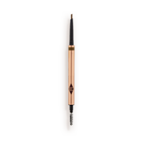 A double-ended eyebrow pencil and spoolie brush duo in a soft brown shade with gold-coloured packaging.